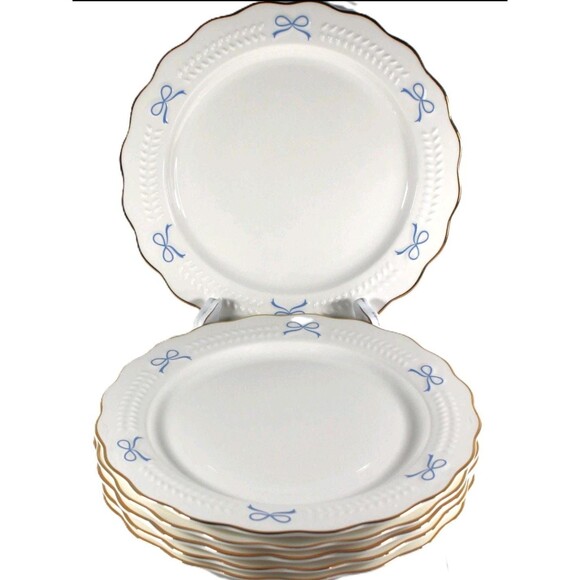 Blue Bow Dinner Plates: Ceramic Coquette Gold Trim, Set of 6 - Picture 1 of 6